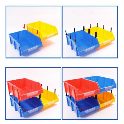 Image of Top Tier Heavy Duty Parts Rack With Garage Storage Bins showing blue and yellow bins, stackable system for organizing tools.