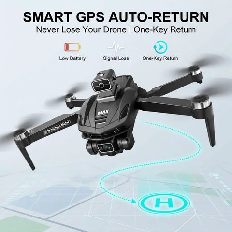 4K GPS Drone With 4.5 Inch HD Controller Screen showing auto-return feature and hovering over landing pad, foldable quadcopter design.