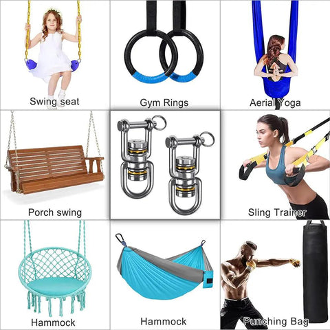 Heavy Duty Swing Swivel 360 Degree Rotation In Stainless Steel For Tree Swings Aerial Yoga And Hammock Chairs Built Tough Ultra Smooth Safe 770 LB Capacity 2 Pack with various uses like swings, aerial yoga, hammocks, highlighted in a grid.