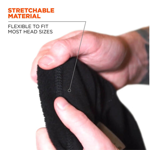 Close-up of a person stretching the material of an FR Rated Balaclava For Winter Work Cold Weather Face Mask With Fire Resistant Modacrylic Fleece Anti Static Arc Flash Safe N Ferno 6828 Built For Extreme Cold All Day Comfort And Work Ready.