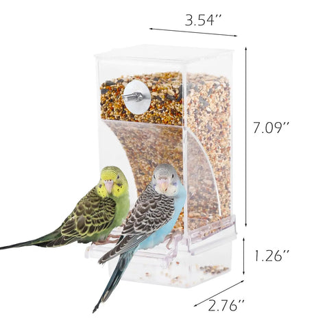 No Sweat Automatic Bird Feeder For Cage Parrot Food Dispenser With Crystal Clear Perch and Quick Load Hopper, featuring two parakeets.
