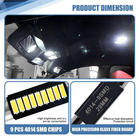 Illuminated car interior showcasing Six Pack Festoon LED Car Bulbs 28Mm And 29Mm 6614F Ultra Bright 9 SMD 4014 Chips in use.