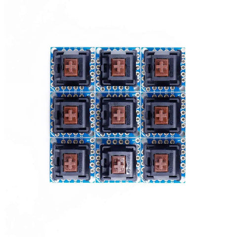 Nine Piece Key Switch Breakout Prototype PCB Board Compatible With Cherry MX For DIY Mechanical Keyboard Projects And Breadboard Prototyping With Full Pin Compatibility And Easy Hookups, top view