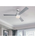 52 Inch LED Ceiling Fan With Light Kit, Brushed Nickel Finish, Downrod Mount, Silver And Gray Teak Finish Blades installed in a room