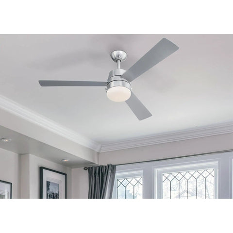 52 Inch LED Ceiling Fan With Light Kit, Brushed Nickel Finish, Downrod Mount, Silver And Gray Teak Finish Blades installed in a room