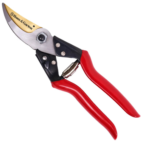 Pro Grade 8.75 Inch Titanium Bypass Pruning Shears For Gardening with non-slip red grip and heavy-duty razor sharp Japanese high-carbon steel blade