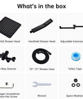 Box contents of 10 Inch Rainfall Shower Head With Handheld Spray Combo In Matte Black, including extension arm and diverter.