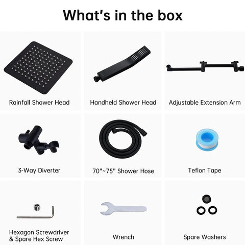 Box contents of 10 Inch Rainfall Shower Head With Handheld Spray Combo In Matte Black, including extension arm and diverter.