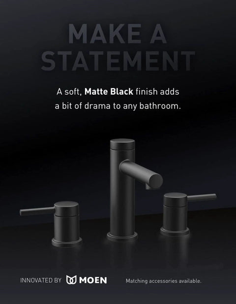 Matte black bathroom faucet with modern design, emphasizing statement in bathroom decor, matching accessories available from Moen.