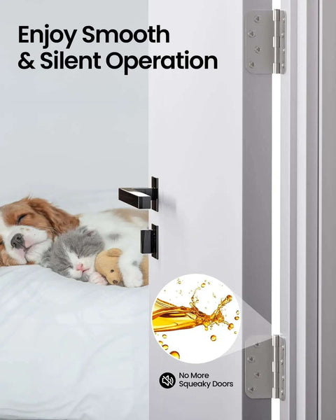 4 Inch Door Hinges 3 Pack Brushed Nickel Satin Finish Five Eighth Inch Radius Corners Heavy Duty 4x4 Interior Hinges installed on a white door