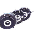 Side view of three-disk electromagnetic power-off brake assembly with drive shaft.