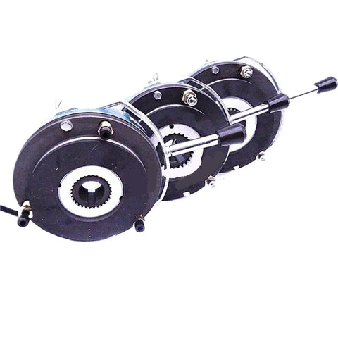Side view of three-disk electromagnetic power-off brake assembly with drive shaft.
