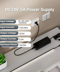 ETL Listed 24V DC 120W Power Supply Adapter 100-240V AC To 24V DC Converter Class 2 For LED Strip Lights CCTV Cameras Routers And Other Electronics Non Dimmable 5.5x2.1mm Plug Indoor Use showing specs and setup with plant decor.