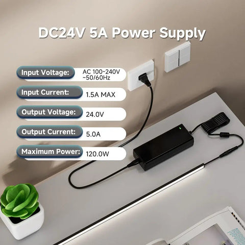 ETL Listed 24V DC 120W Power Supply Adapter 100-240V AC To 24V DC Converter Class 2 For LED Strip Lights CCTV Cameras Routers And Other Electronics Non Dimmable 5.5x2.1mm Plug Indoor Use showing specs and setup with plant decor.