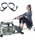 2 Pack Go To Universal Rower Foot Pedal Straps Durable Nylon Adjustable Fixed Straps shown with a woman on a rowing machine