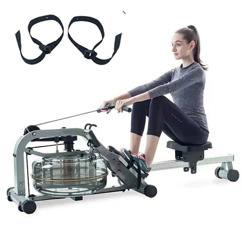 2 Pack Go To Universal Rower Foot Pedal Straps Durable Nylon Adjustable Fixed Straps shown with a woman on a rowing machine