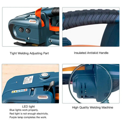 Heavy Duty Slick Portable Battery Powered Electric Strapping Tool Automatic PP PET Belt Packing Logistics Banding Machine with LED and handle.