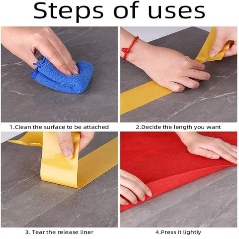 Steps showing how to use Heavy Duty Double Sided Carpet Tape For Rugs And Area Mats 2 Inch Wide By 21.9 Yards Strong Adhesion