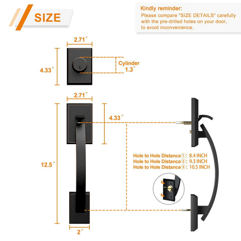 Diagram showing dimensions of Oil Rubbed Bronze Double Door Handle Set With Dummy And Single Cylinder Deadbolt Fits Right Or Left Handed Doors Front Entry Lock Set With Durable Levers Latch And Corrosion Resistant Hardware