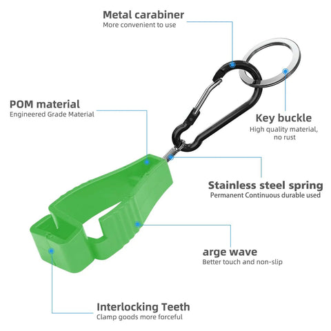 Green glove clip with features labeled, part of 4Pack Glove Clips For Work Gloves Holders, Heavy Duty Belt Clips For Outdoor, Construction, And Everyday Use, Durable Wear Resistant Gloves Clip Set, Black.