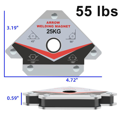 GUTIMORE welding magnet, 55lb, front view with arrow clamp, holds at 45, 90, 135, 180 degrees