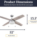 Memphis 52 Inch Contemporary Indoor LED Ceiling Fan With Light Pull Chain Dual Mounting Options And Reversible Motor Four Dual Finish Blades Pewter Finish For Modern Coastal Farmhouse Vibe dimensions