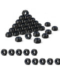 Heavy Duty M4 Nylon Insert Lock Nuts 150 Piece Assortment Black Metric arranged in a pyramid with varied angles.