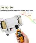 Top Shelf Bench Polisher And Dual Wheel Grinder Spinning At 3000 RPM with noise measurement display at 50dB.