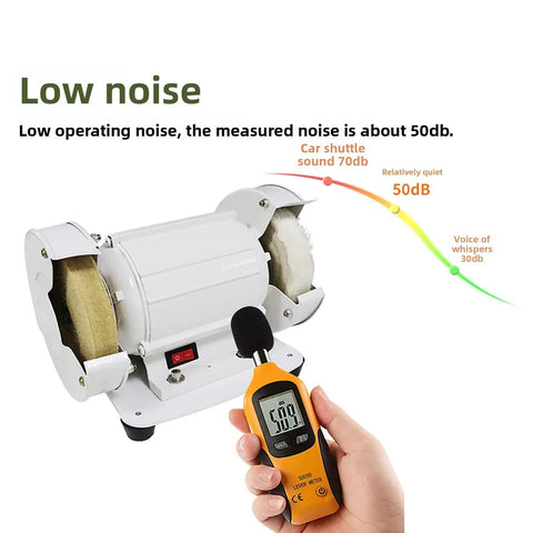 Top Shelf Bench Polisher And Dual Wheel Grinder Spinning At 3000 RPM with noise measurement display at 50dB.
