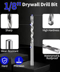 1/8 inch Drywall Drill Bit with a spiral design made of high speed steel for precise cuts in gypsum board.