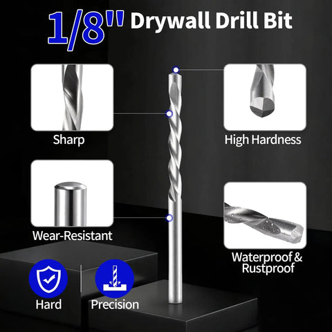 1/8 inch Drywall Drill Bit with a spiral design made of high speed steel for precise cuts in gypsum board.