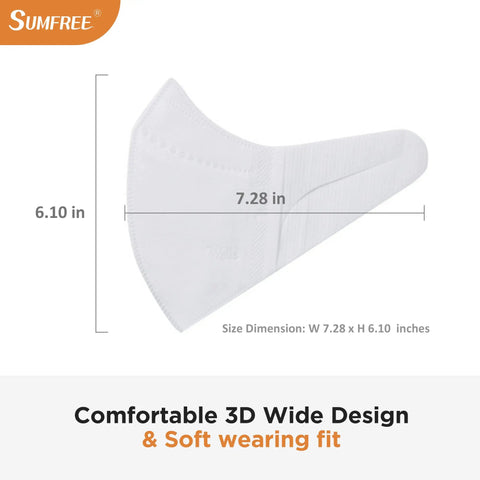 KF-AD 3 Layer Disposable Face Mask Pack Of 50, White, Made In Korea, showing 3D wide design and size dimensions.