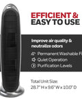 QuietClean Tower Air Purifier For Medium Rooms Up To 170 Sq Ft With Permanent Washable Filters, product size details displayed