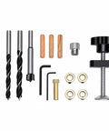 Rock Solid Self Centering Doweling Jig Kit Three In One Woodworking Tool with drill bits, wooden dowels, and aluminum clamp.