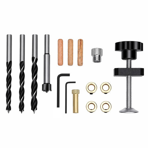 Rock Solid Self Centering Doweling Jig Kit Three In One Woodworking Tool with drill bits, wooden dowels, and aluminum clamp.