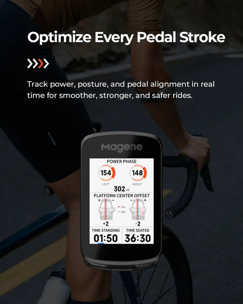 Pro GPS Bike Computer With 2.8 Inch Transflective Screen showing power phase data on a cyclist's handlebar.