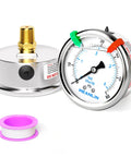 Heavy Duty Stainless Steel Liquid Filled Pressure Gauge 0 To 60 Psi, 2 1/2 Inch Dial, 1/4 NPT Thread, Center Back Mount, Glycerin Filled For Smooth Readings, WOG Water Oil Air, Back Mount With Snap Clips