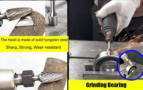 SF-5 Tungsten Carbide Burr Set Double Cut Rotary Burrs Tree Shape Radius End For Die Grinder in use on metal surfaces
