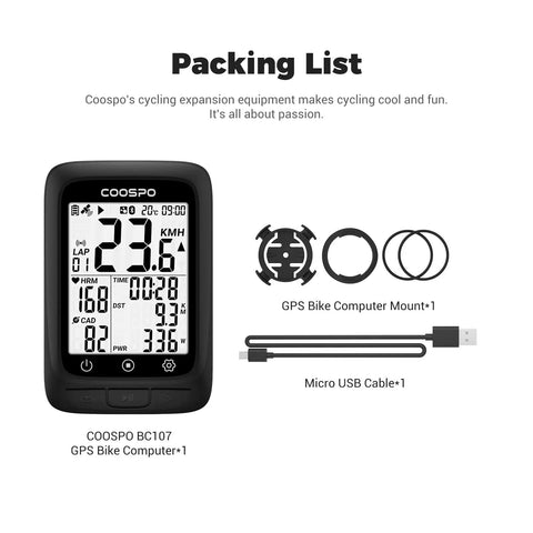 Image showing GPS Bike Computer with Wireless Connectivity, ANT+ and Bluetooth, 2.4 Inch LCD Screen, and accessories.