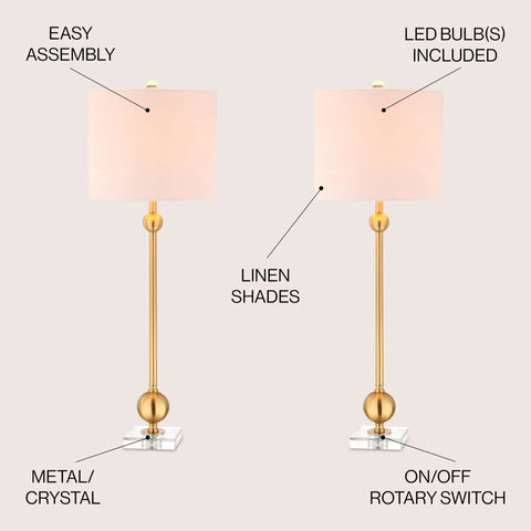 Dope Brass LED Table Lamps Set of 2 with Crystal Bases, white linen shades, energy-saving LED bulbs, 34.75 inches tall