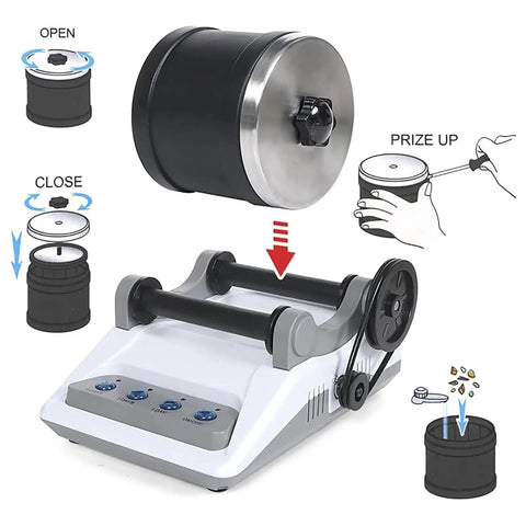 Lit Rock Polisher Kit For Gem Making, Electric Tumbler With Timing Buttons, diagrams showing how to open and operate tumbler