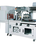 Straight Up Reliable Shrink Film Sealer Box Wrapping Machine For Retail Cosmetic Containers And Disposable Dinnerware Thermal Heat Wrapper Packaging Device side view with control panel and conveyor.