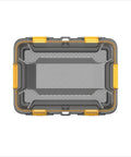 Top view of Toss Your Gear In This Heavy Duty 5.28 Gallon Waterproof Plastic Storage Tote Bin with yellow latches.