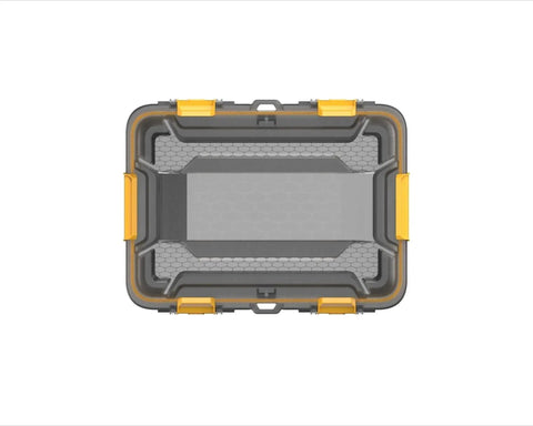 Top view of Toss Your Gear In This Heavy Duty 5.28 Gallon Waterproof Plastic Storage Tote Bin with yellow latches.