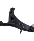 Close-up of a Subaru Legacy And Outback Front Left And Right Lower Control Arm With Ball Joint 2 Piece Set Compatible With 2010 2011 2012 2013 2014 Models For A Smooth Ride And Durable Suspension, showing black metal construction and ball joint attachment.