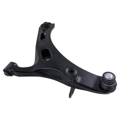 Close-up of a Subaru Legacy And Outback Front Left And Right Lower Control Arm With Ball Joint 2 Piece Set Compatible With 2010 2011 2012 2013 2014 Models For A Smooth Ride And Durable Suspension, showing black metal construction and ball joint attachment.