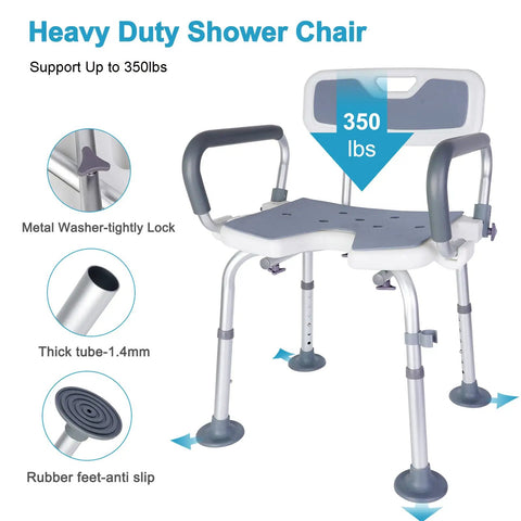 Heavy Duty Shower Chair With Detachable Arms And Back 350 Lb Capacity Non Slip Bath Seat With Grab Bar And Four Rubber Tips Inside Shower Stool For Handicap Seniors And Elderly