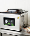 Pro Grade Chamber Vacuum Sealer Packs A Solid Punch With Sturdy 16 Inch Seal Bar And Whisper Quiet Motor, stainless steel design and control panel.