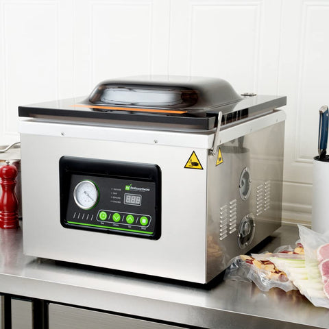 Pro Grade Chamber Vacuum Sealer Packs A Solid Punch With Sturdy 16 Inch Seal Bar And Whisper Quiet Motor, stainless steel design and control panel.
