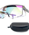 Voltspark CO2 laser eye protection goggles with iridescent lens; wide shield, gray frame, includes black zip case